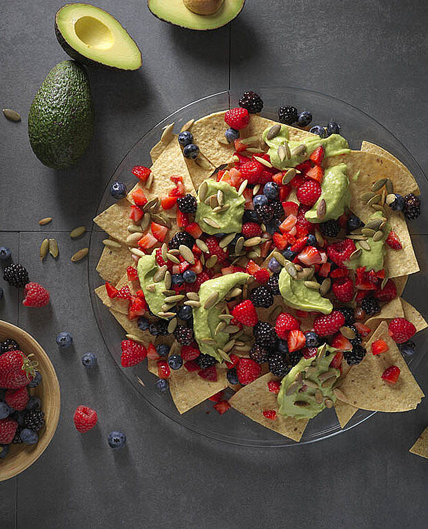 Berry Nachos with Sweet Avocado Crema photograph