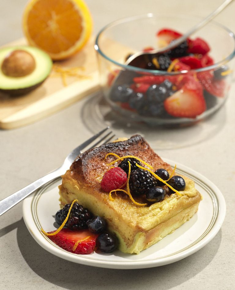 Avocado Baked French Toast with Orange Berry Topping photograph
