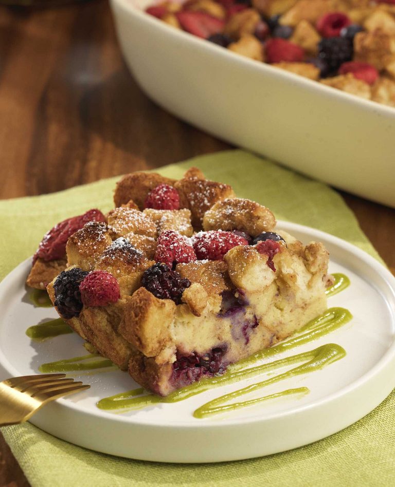 Mixed Berry Baked French Toast with Avocado Matcha Glaze photograph