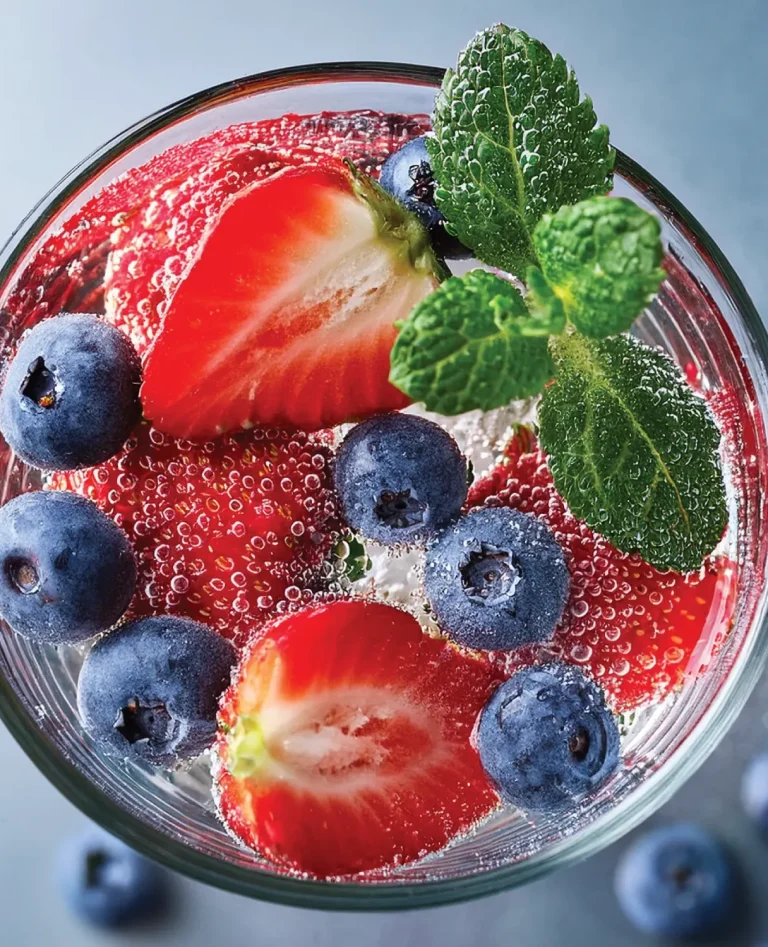 clear glass with fresh berries and carbonated water, topped with mint