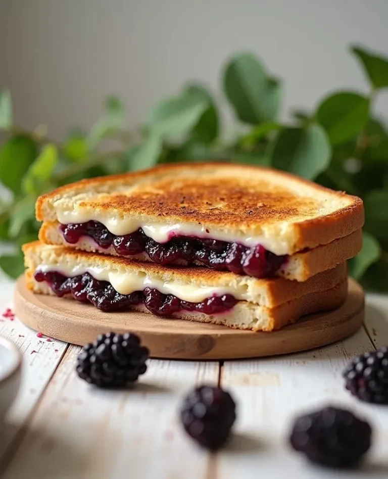 grilled cheese with blackberries and brie cheese on a wooden platter with leaves in the background