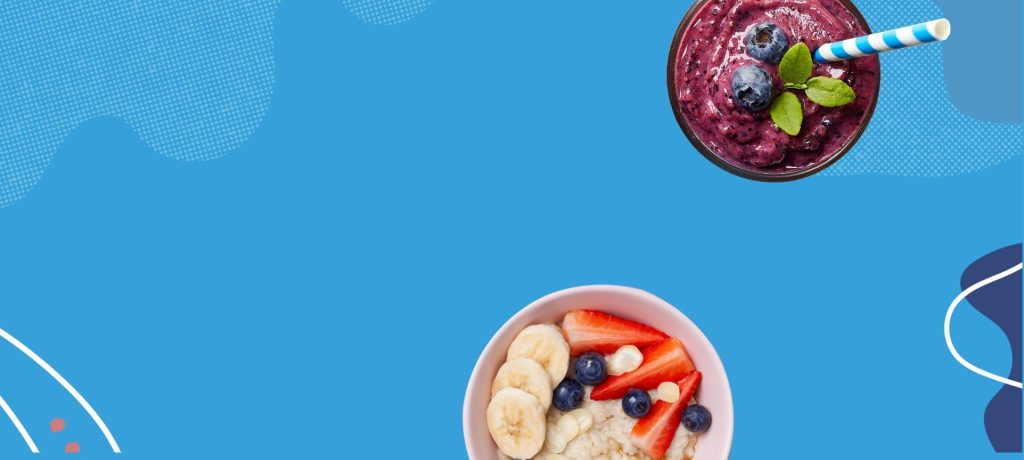 illustration of abstract line art on blue background with berry smoothie and bowl of oatmeal