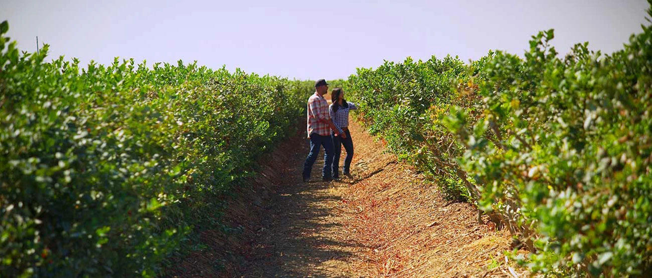male and female farmer walking through field