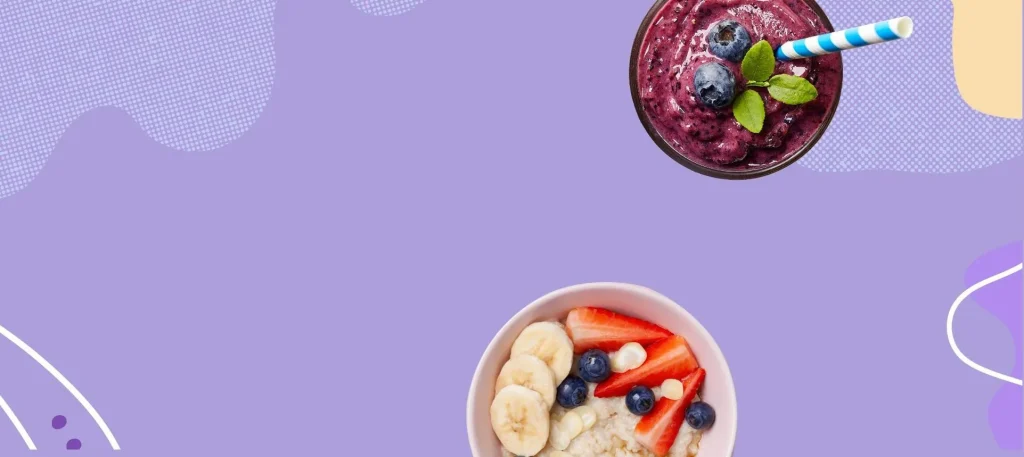 illustration of abstract line art plus berry smoothie and bowl of oatmeal