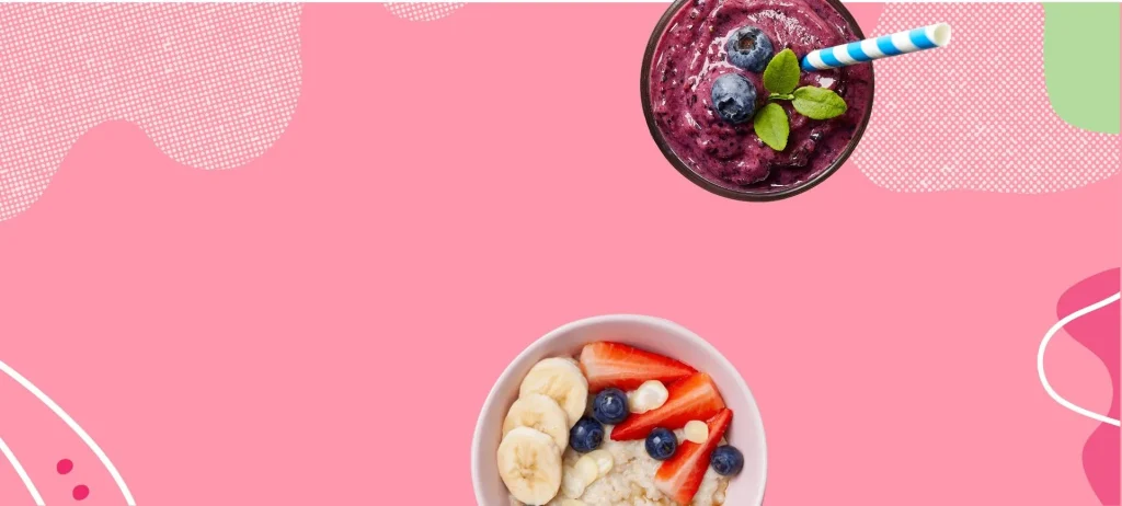 illustration with berry smoothie and bowl of oatmeal with abstract line art