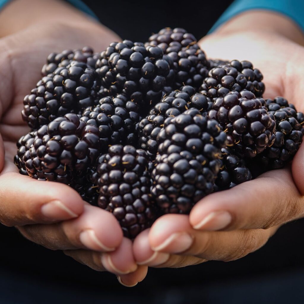 closeup of blackberries in farmer's hand