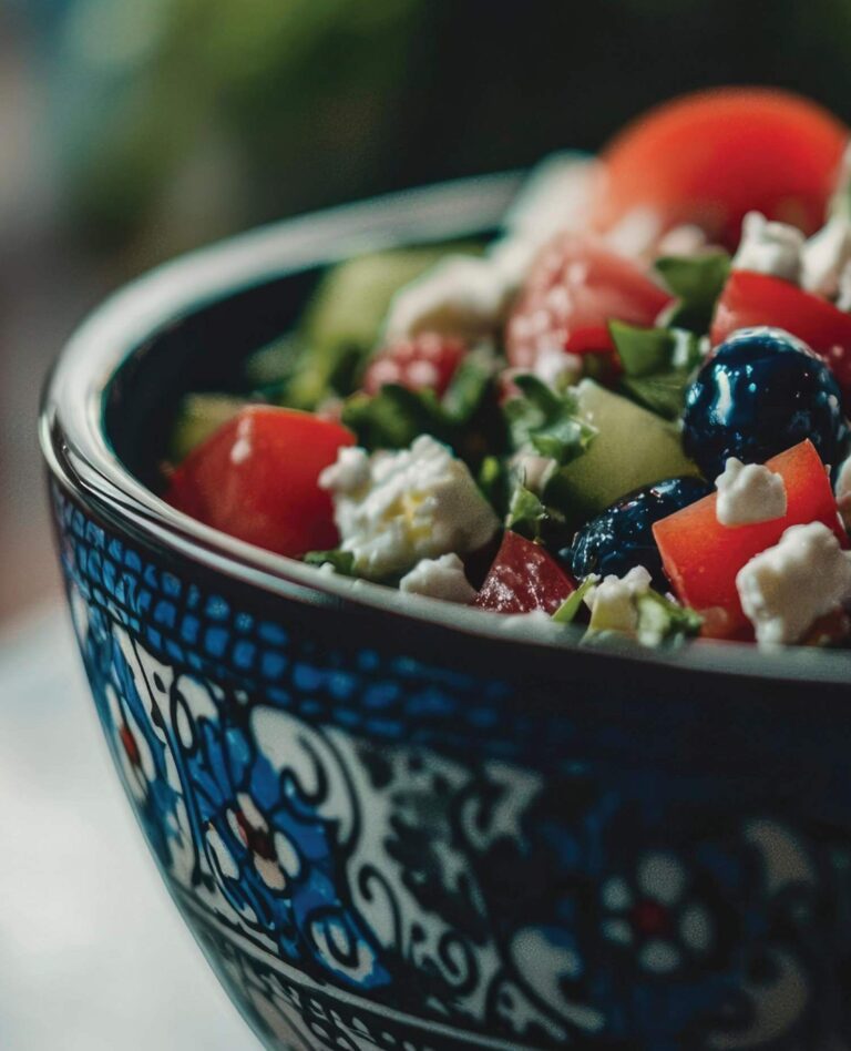 closeup of decorated bowl with blueberries, tomatos, cheese, and salad