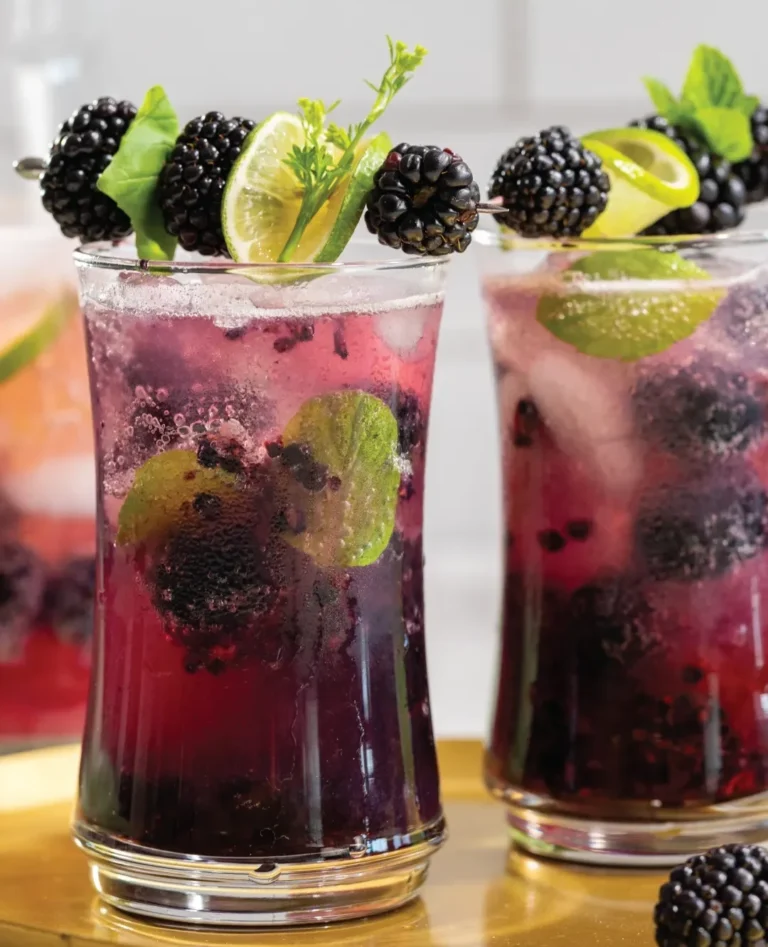 glass of blackberry drink with ice and mints inside