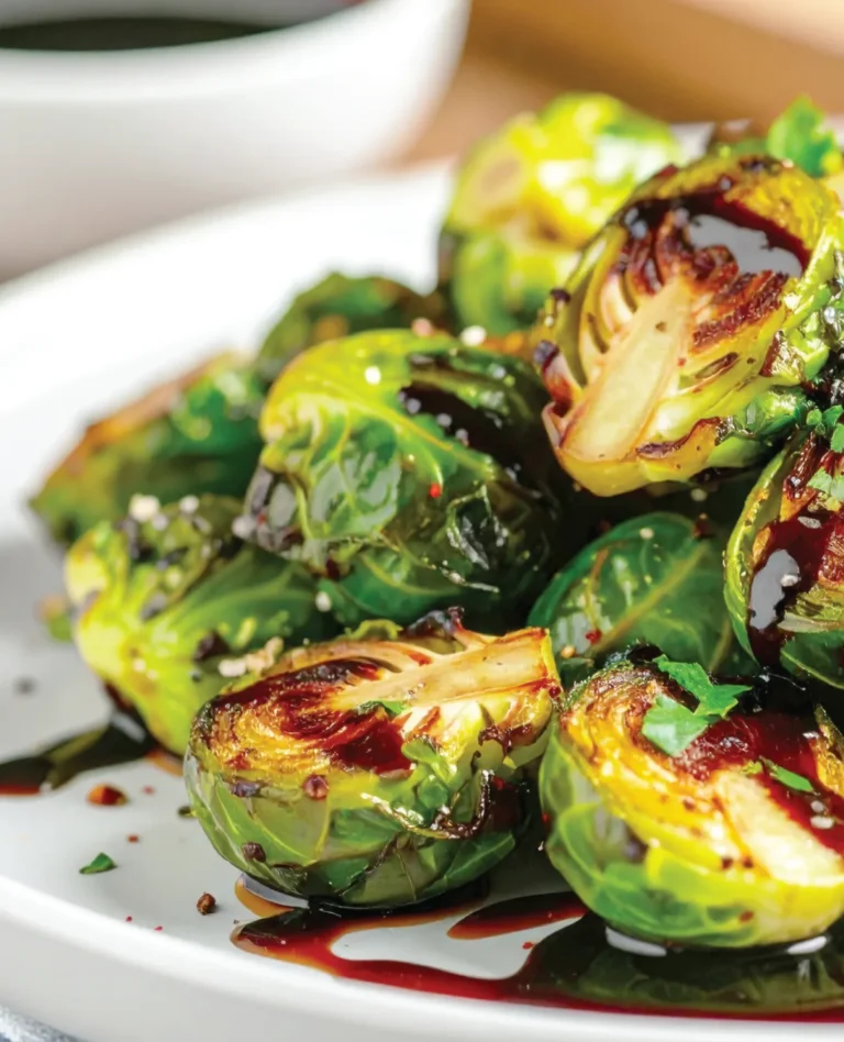 roasted brussel sprouts with balsamic dressing on white plate