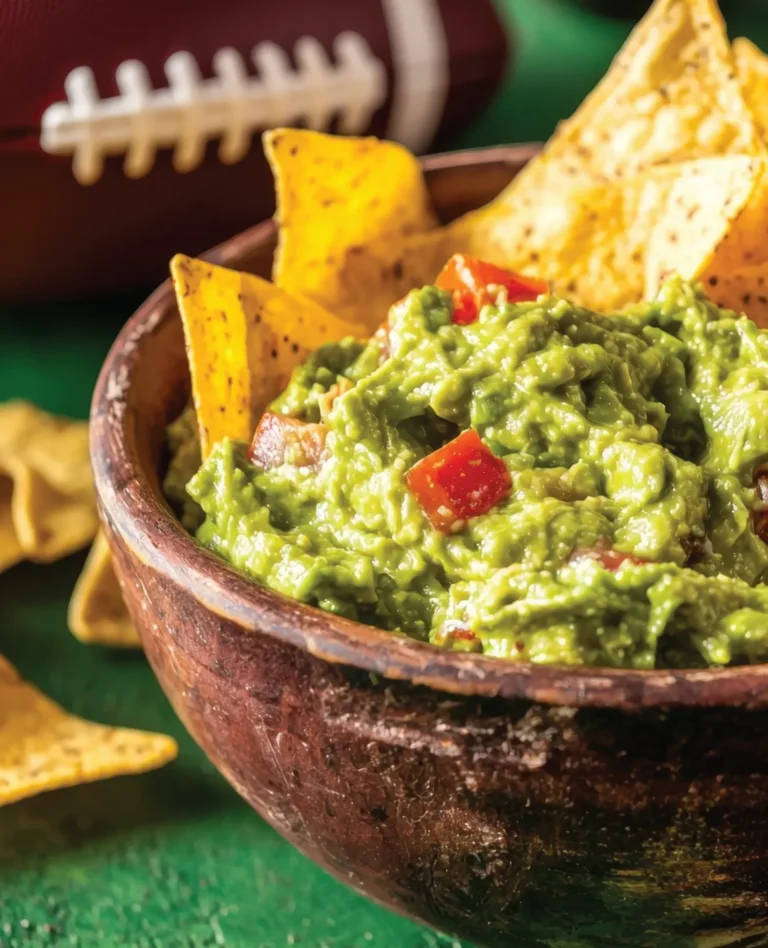 guacamole with tortilla chips in ceramic bowl with football in background
