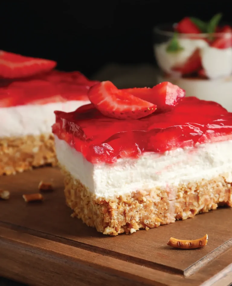 Naturipe Strawberry Pretzel Cheesecake Bars on wood cutting board