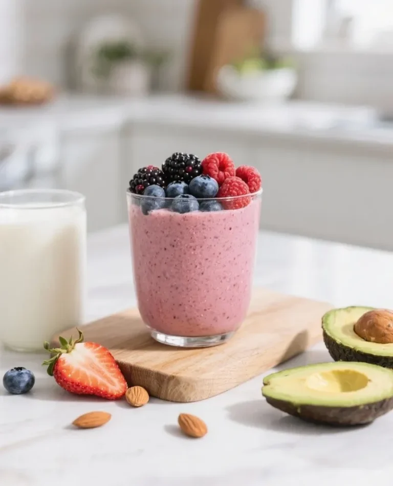 clean kitchen with smoothie in glass cup with berries piled on top