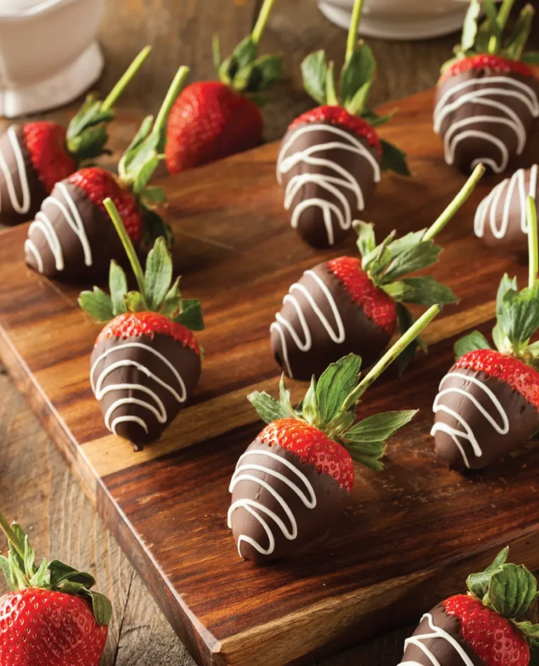 chocolate dipped strawberries with white lines on them