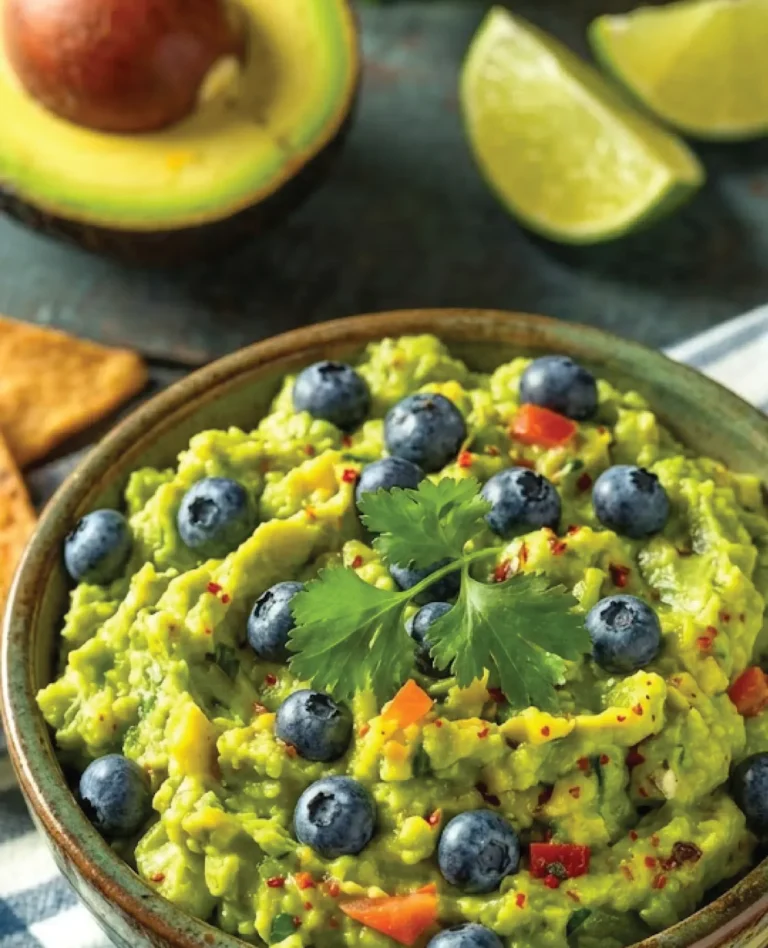 Blueberry-Lime Jalapeño Guacamole in bowl with cut avocados in background