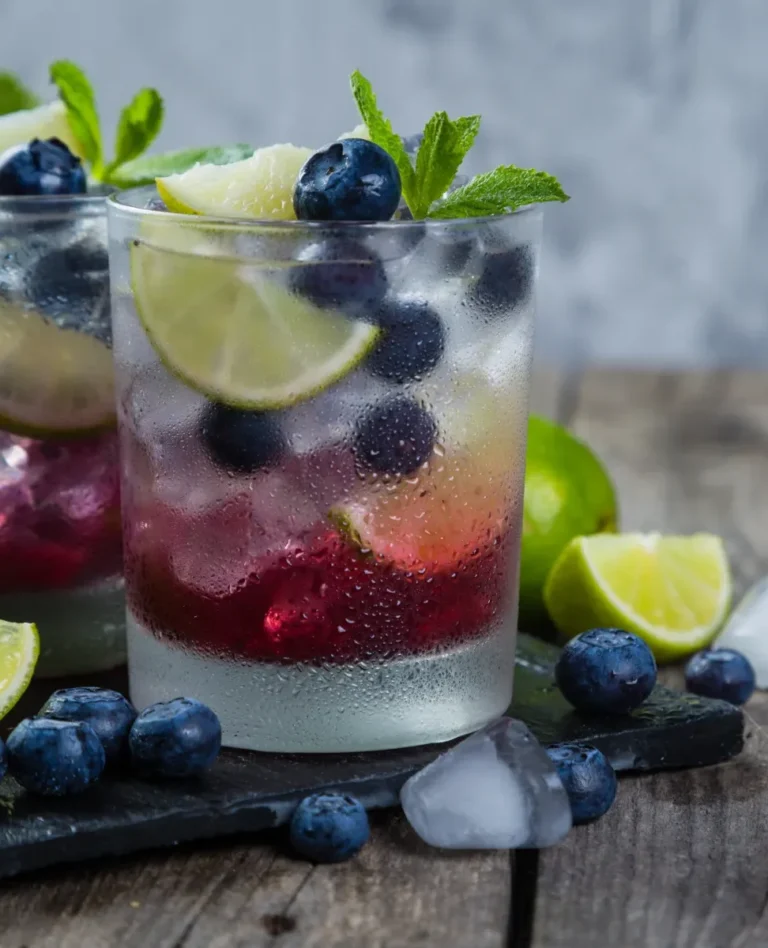 blueberry mojito drink in glass with ice, lime, and sprigs of mint