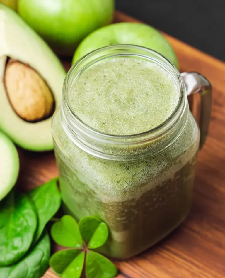 green smoothie in glass jar on cutting board with clovers next to it