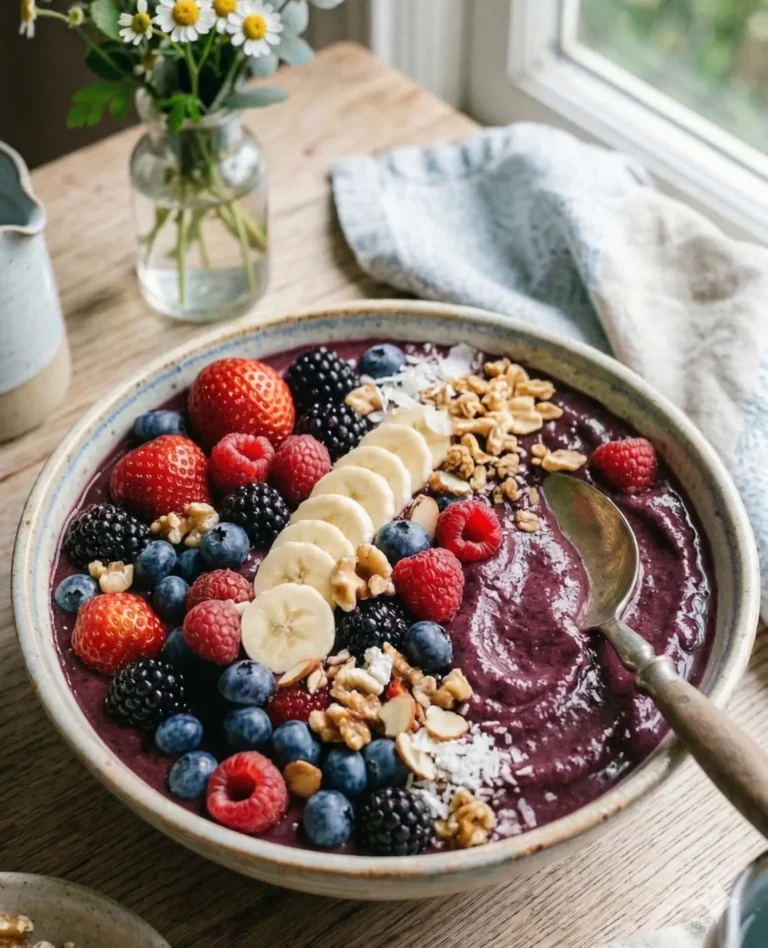 acai bowl with granola + berries on table by window