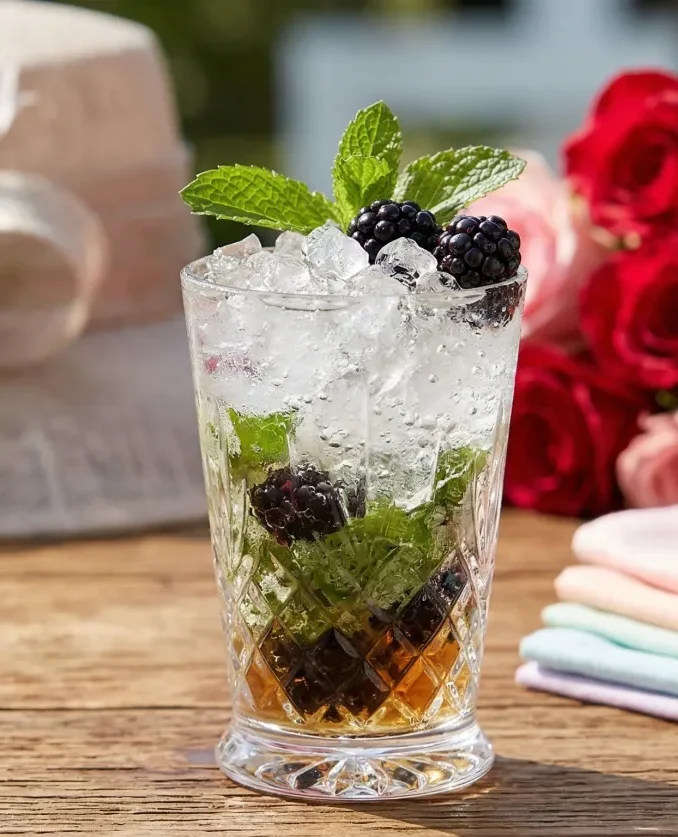 blackberry mint julip in glass on table outside