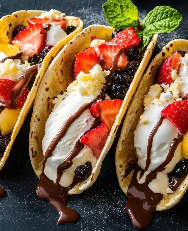 triple berry choco taco with ice cream and fresh fruit