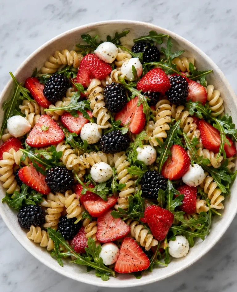 rotini salad with strawberries, blackberries, and mozzarella balls in bowl
